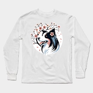 Border Collie Revels in Spring's Cherry Blossoms Glow Long Sleeve T-Shirt